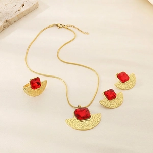 Gioielli Vintage In Acciaio Inossidabile Placcato Oro Martellato Ventaglio Cristallo Quadrato Collana Orecchini Anello