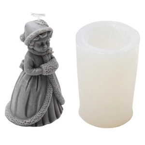 Christmas little girl candle silicone mold with finished gray wax figure on white background