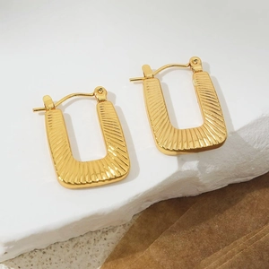 Elegant 18K gold plated stainless steel rectangular hoop earrings with radial texture