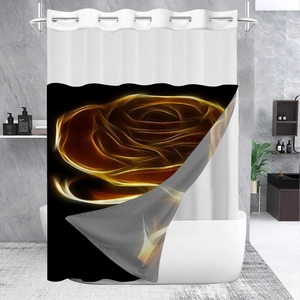 Detail of waffle print shower curtain featuring hookless rings and waterproof fabric