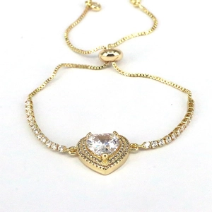 Adjustable gold heart bracelet with clear cubic zirconia stone and slider box chain