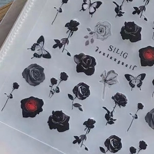 Dark retro style rose and butterfly nail stickers with red-black gradient patterns