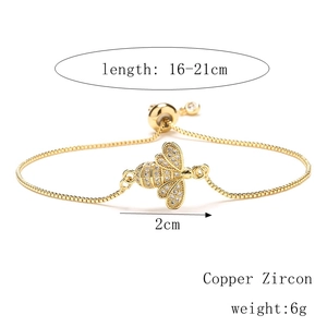 Detail of bee bracelet with zircon inlay showing 16-21cm adjustable length dimensions