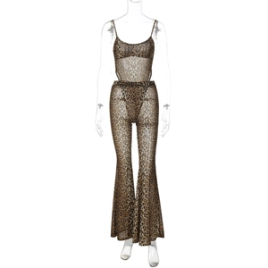 Detail of sheer leopard print mesh bodysuit and high-waisted flared pants set