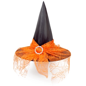 Chapeau de sorcière noir avec dentelle toile d'araignée orange et boucle en strass
