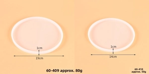 Detail view of round silicone resin molds in two sizes with precise measurements