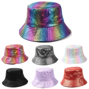 Metallic Shiny Bucket Hat Holographic Laser Faux Patent Leather Rainbow Gradient Hip Hop Punk Style Foldable Sunshade Cap