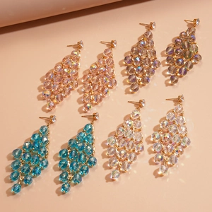 Handmade beaded tassel earrings set in blue pink white and grey with crystal accents