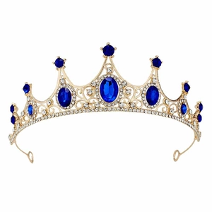 Vintage golden crown for girls featuring blue gemstones and sparkling rhinestones