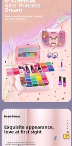 Washable kids makeup set with pink handbag featuring eye shadow, blush and lipstick