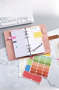 Detail of pink PU leather budget binder with metallic rings and colorful sticky labels