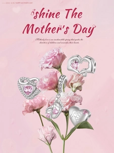 Detail of silver S925 heart charms and pink stones with carnation background for Mother's Day