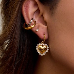 18K gold plated stainless steel heart earrings with white diamonds and LOVE engraving