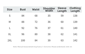 Detailed size chart for court style stand collar dress showing measurements in centimeters
