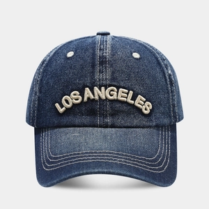 Vintage dark blue denim baseball cap featuring beige Los Angeles 3D embroidery