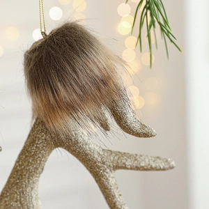 Golden glitter reindeer antler ornament with brown faux fur trim and gold hanging string