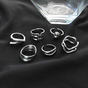 6-piece vintage silver adjustable open ring set with heart and textured twist designs