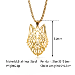 Golden stainless steel geometric wolf head necklace with detailed dimensions and specs