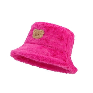 Winter fluffy teddy bear bucket hat in rose red plush faux fur for fashion warmth