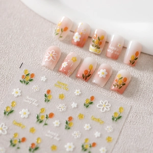 Tulip and daisy nail art stickers with gold foil lucky lettering for manicure decoration