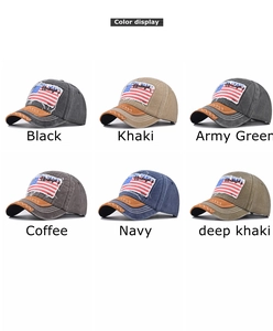 Verschiedene Farben von Vintage-Baseballcaps aus gewaschener Baumwolle mit USA-Flaggen