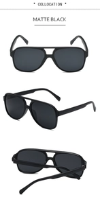 Three-angle view of matte black aviator sunglasses with a classic double bridge design