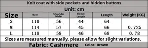 Size chart for French style knitted coat showing S, M, L measurements in brown wool blend