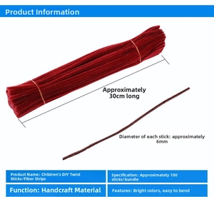 Detail of red DIY pipe cleaners, 30cm length and 6mm diameter for craft handmade projects