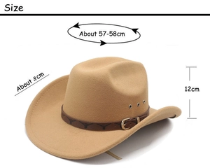 Detail of khaki wool felt western cowboy hat with embossed leather band and metal buckle