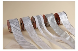 Detailed view of silver sparkling ribbons with assorted glitter patterns for Christmas decor