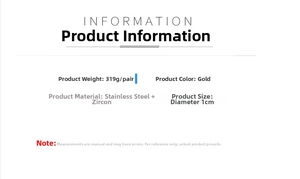 Detailed specifications for gold stainless steel earrings with zircon showing size and material