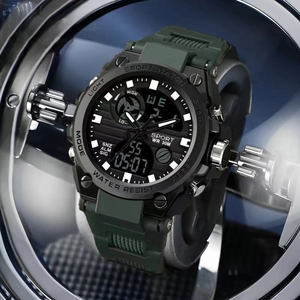 Detail of army green sports watch featuring dual display and 30M water resistance