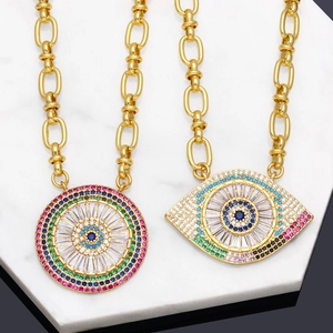 Evil Eye Necklace Copper With Colorful Zircon Pendant Hip Hop Style Thick Paperclip Chain Jewelry For Women