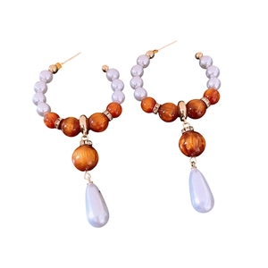 Vintage water-drop pearl earrings with amber resin beads and sparkling crystal accents