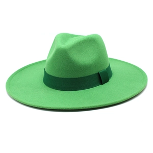 Detail of emerald green wool fedora with 9.5cm wide brim and matching ribbon band