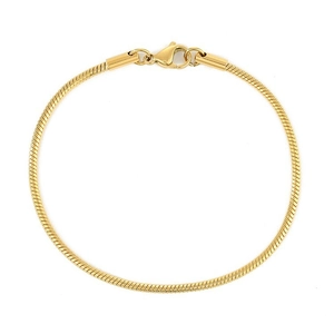 Minimalist gold snake chain bracelet with lobster clasp on a clean white background