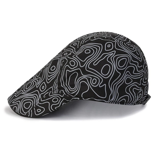 Classic men ivy cap in black wool with grey contour line patterns for winter casual style