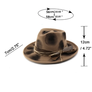 Detail shot showing fedora hat dimensions with rustic rope and feather accent