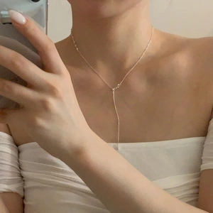 Minimalist S925 sterling silver beaded necklace with Y-shaped long tassel pendant on model