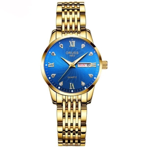 Gold stainless steel automatic watch with blue dial and diamond markers for women