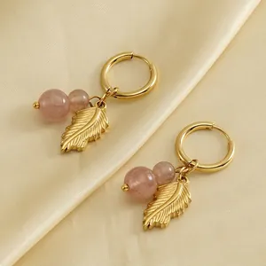 Stainless Steel Hoop Earrings With 18K Gold Plated Leaf Pendant And Pink Natural Stone Beads For Women Bohemian Style