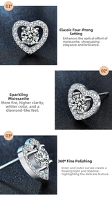 Macro detail of S925 silver heart stud earrings featuring moissanite four-prong setting