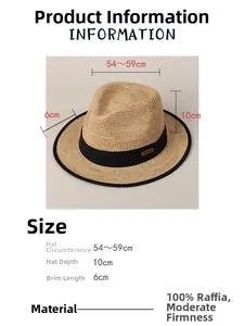 Detailed sizing of Raffia straw boater hat with black ribbon and handmade metal badge