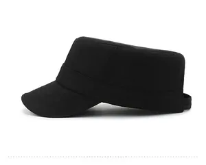 Side view of black cadet cap showing cotton twill fabric texture and stitching details