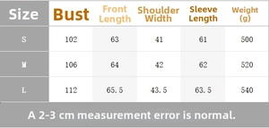 Detailed size chart for the faux leather buttoned jacket with S, M, L measurements