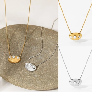 Pebble Pendant Necklace Stainless Steel With Artificial Pearls Geometric Snake Bone Chain Minimalist Jewelry For Women Light Luxury