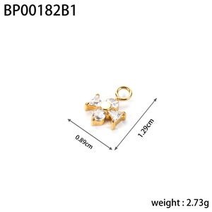 Detailed view of a gold cross pendant with zircon stones including size measurements