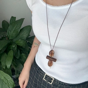 Minimalist geometric wood and resin square pendant necklace with adjustable brown cord