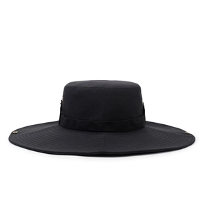Unisex black wide-brim sun hat with breathable fabric and side buttons for outdoor hiking