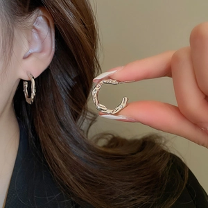 Detailed view of silver twisted hoop earrings with micro-inlaid diamonds on model